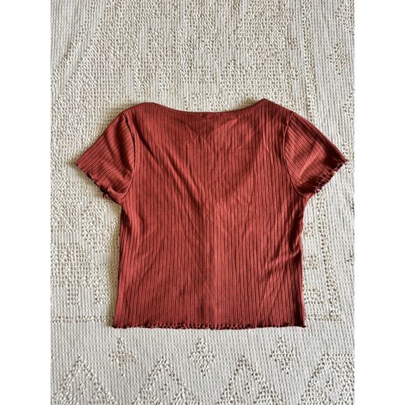 Forever 21 Pink Rib Knit Crop Top Short Sleeve Shirt Faux Buttons Size Large - Picture 7 of 9